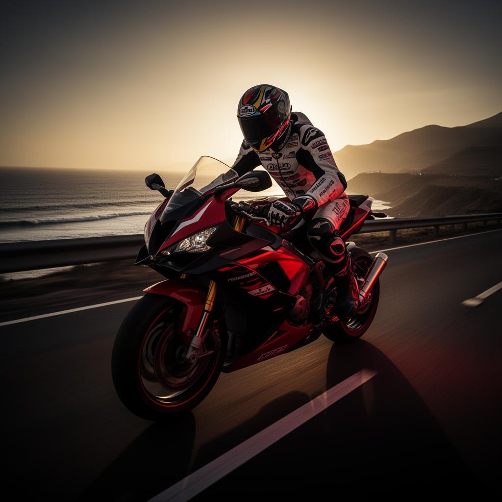 Motociclista en ruta al atardecer